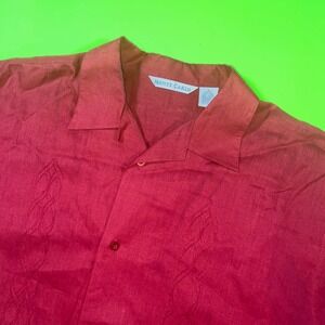 Monte Carlo Mens Red Linen Blend Short Sleeve Button Up Shirt Size L Embroidered